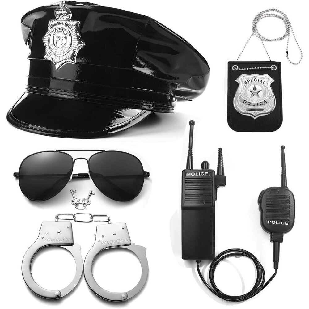 Police Costume Accessories Set Leather Cap Badge Sunglasses Handcuffs for Dress